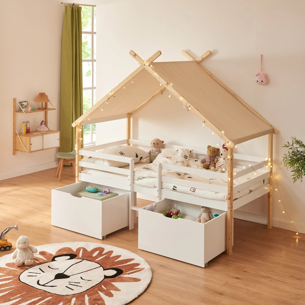 Letto Casetta per Bambini Surnadal con Materasso 90x200 cm Cassetti e Sbarre [en.casa]