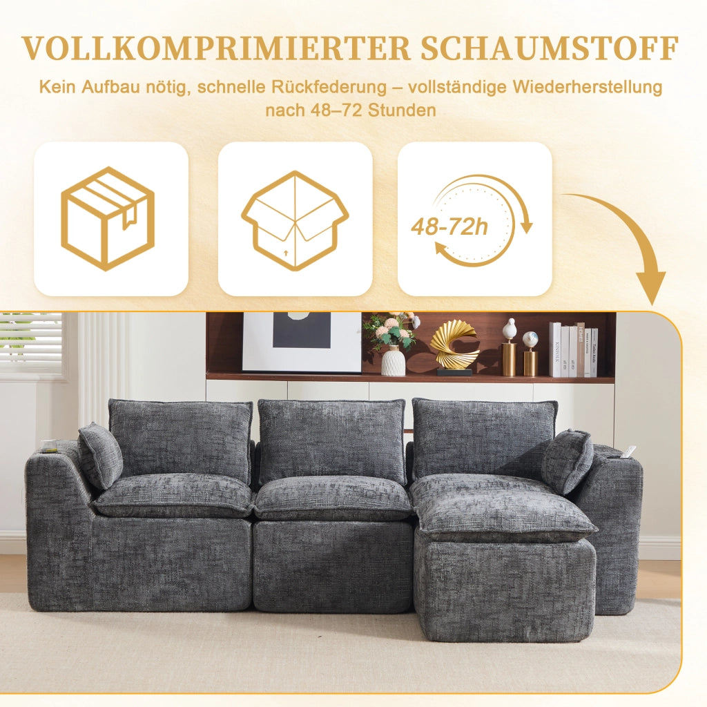 Divano modulare a 3 posti con tasche laterali cuscini e molle in ciniglia grigio scuro 256 × 161 × 75 cm