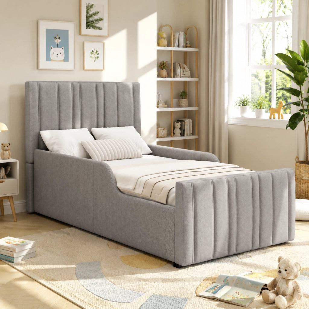 Letto imbottito 90x200 cm con contenitore e testiera trapuntata in lino grigio