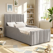 Letto imbottito 90x200 cm con contenitore e testiera trapuntata in lino grigio
