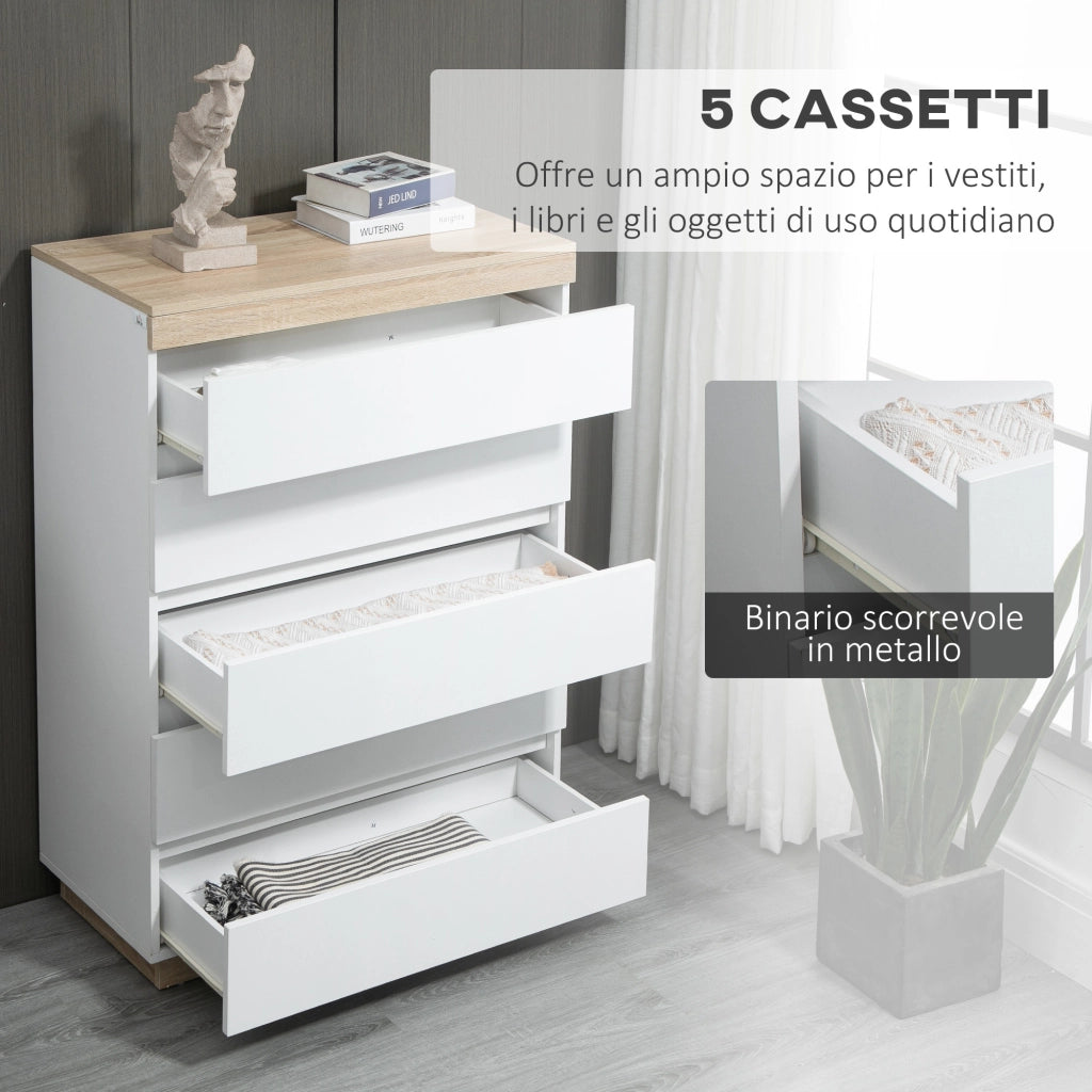 Cassettiera 5 Cassetti Minimal in Legno, 80x40x109 cm, Bianco e color Rovere