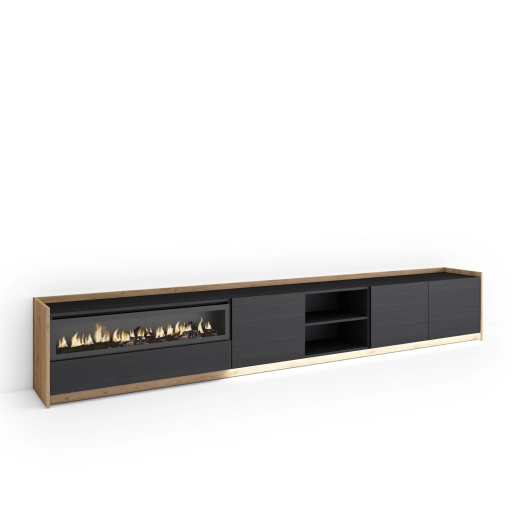 Mobile TV Soggiorno, 310x50x37 cm, Per TV fino a 80", Camino elettrico, LED, Nero e rovere