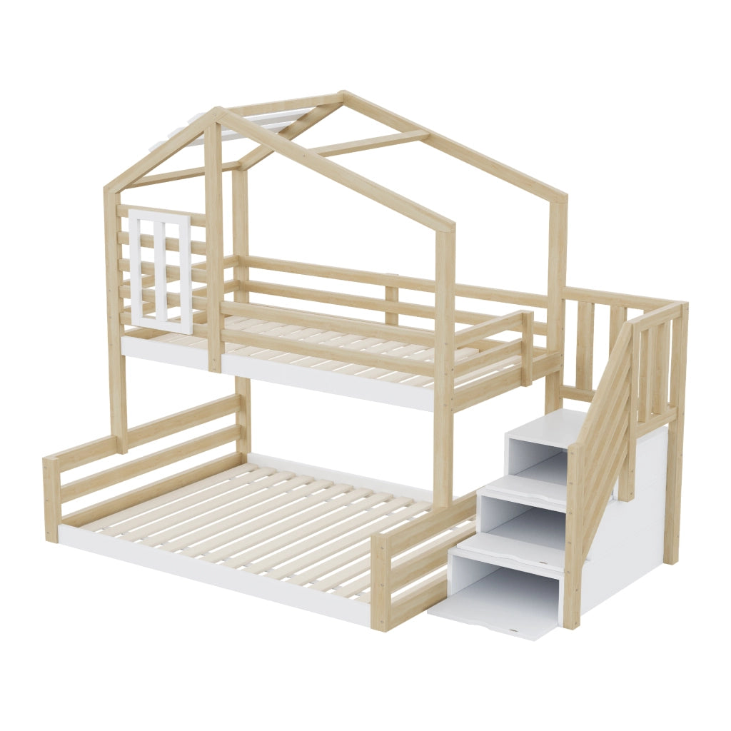 LETTO A CASTELLO 90x200 cm in pino e MDF naturale con scala contenitore