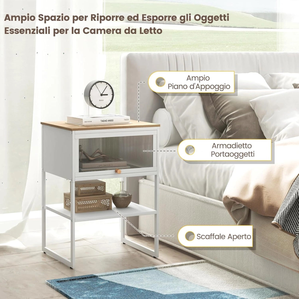 Tavolino con Anta a Ribalta, Tavolino da Divano o Letto a 3 Livelli con Ripiano di Archiviazione, Comodino Moderno per Soggiorno e Camera da Letto, 40 x 32 x 56 cm (Bianco)