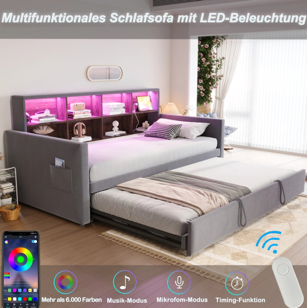 Letto imbottito estraibile 90 x 190 cm con LED e prese