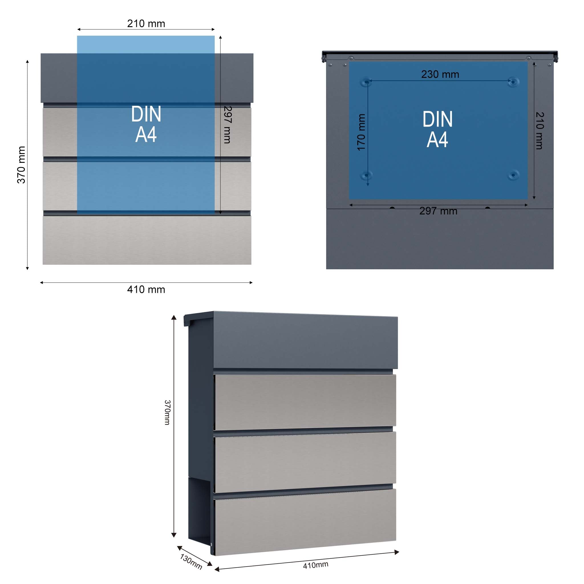Toboli Cassetta postale con porta giornale, antracite e acciaio inox V64 montaggio a parete