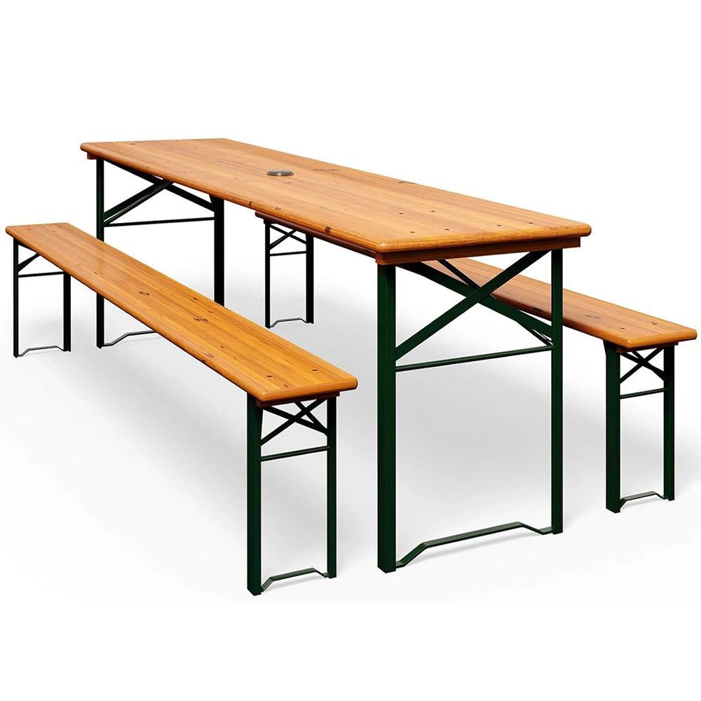 Set Birreria 200 x 70 Cm XL 8 Posti 3 Pezzi 2 Panche 1 Tavolo Pieghevole Panca Da Feste Sagra Legno Abete Struttura Acciaio Richiudibile Feste Giardino Festa Birra