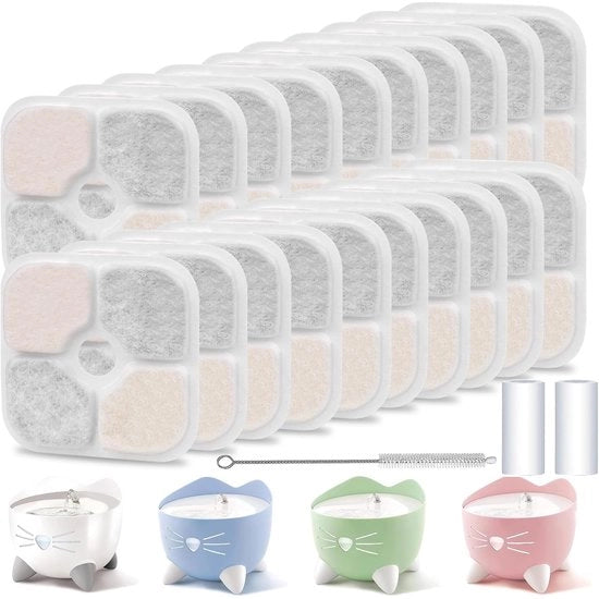 20 pezzi di filtro per fonte acqua per gatti Catit Pixi (2,5 l) - sistema di filtraggio a tre stadi con carbone attivo e resina, filtro per acqua per gatti da utilizzare separatamente con codice prodotto 43717