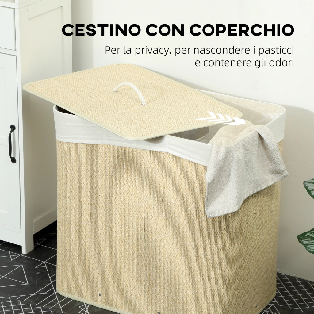 Cesto Portabiancheria 60x40x60 cm con Coperchio 3 Scomparti 144L con Sacca Removibile e Lavabile in Bambù Crema