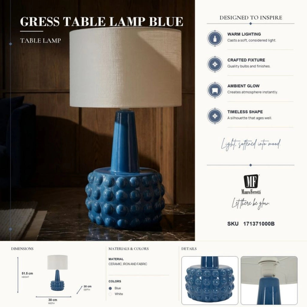Lampada da tavolo Gress in ceramica blu e tessuto