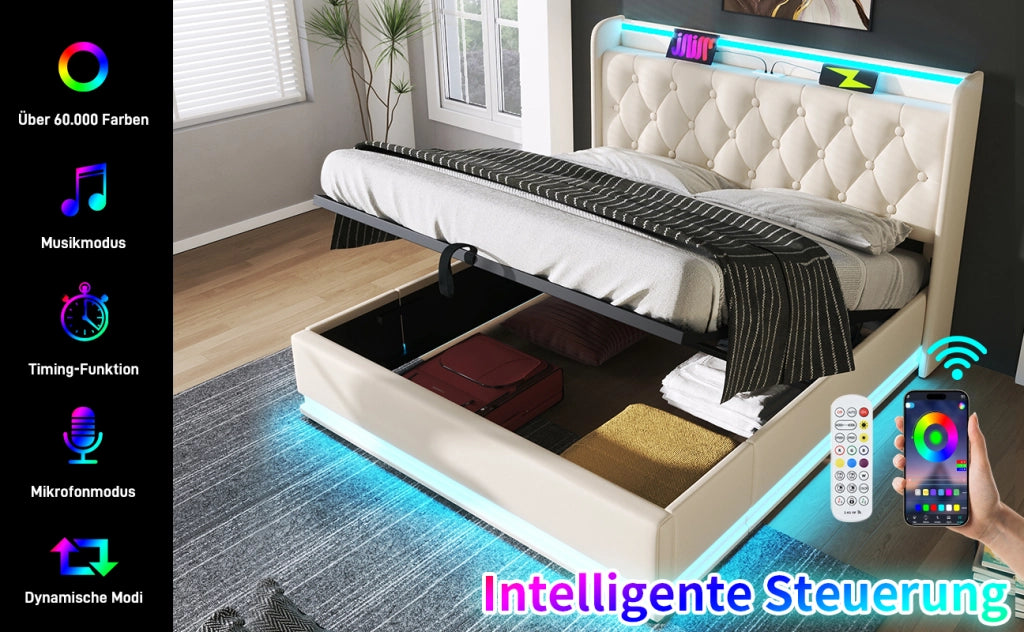 DESMIU Lit Double 140 × 190 cm con LED, USB e Type-C, contenitore idraulico, senza materasso, in PU, bianco
