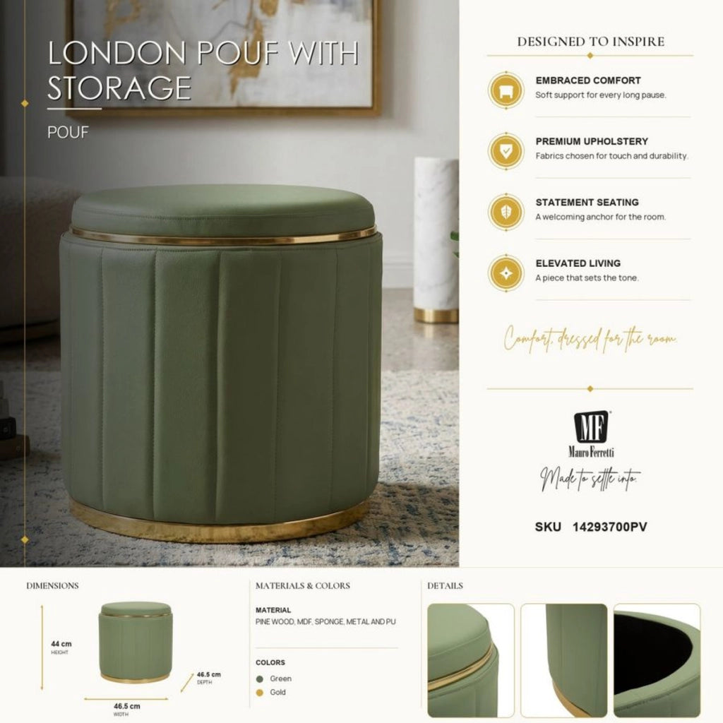 Pouf London in ecopelle verde con dettagli oro