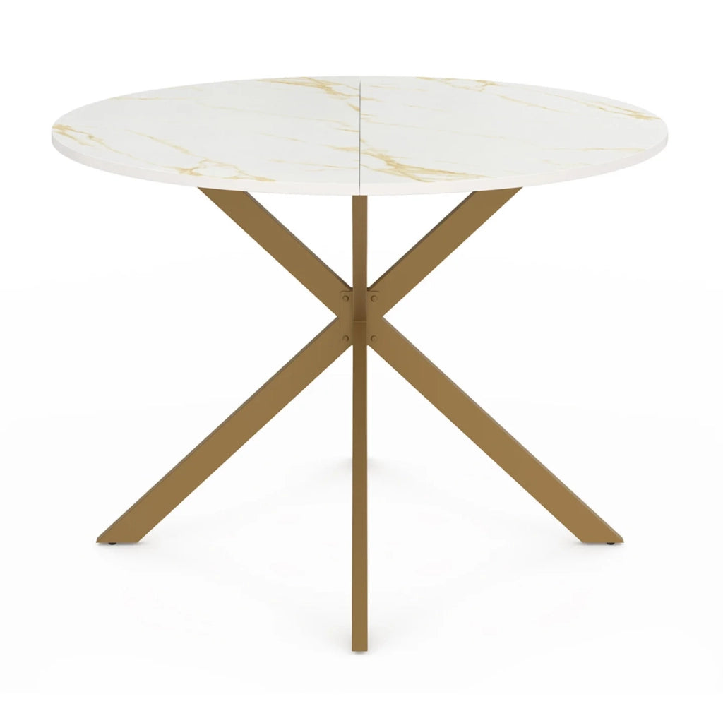 IDMarket - Tavolo da pranzo rotondo per 6 persone ALIX con gamba a ragno in ottone e piano ALASKA 110 cm effetto marmo oro