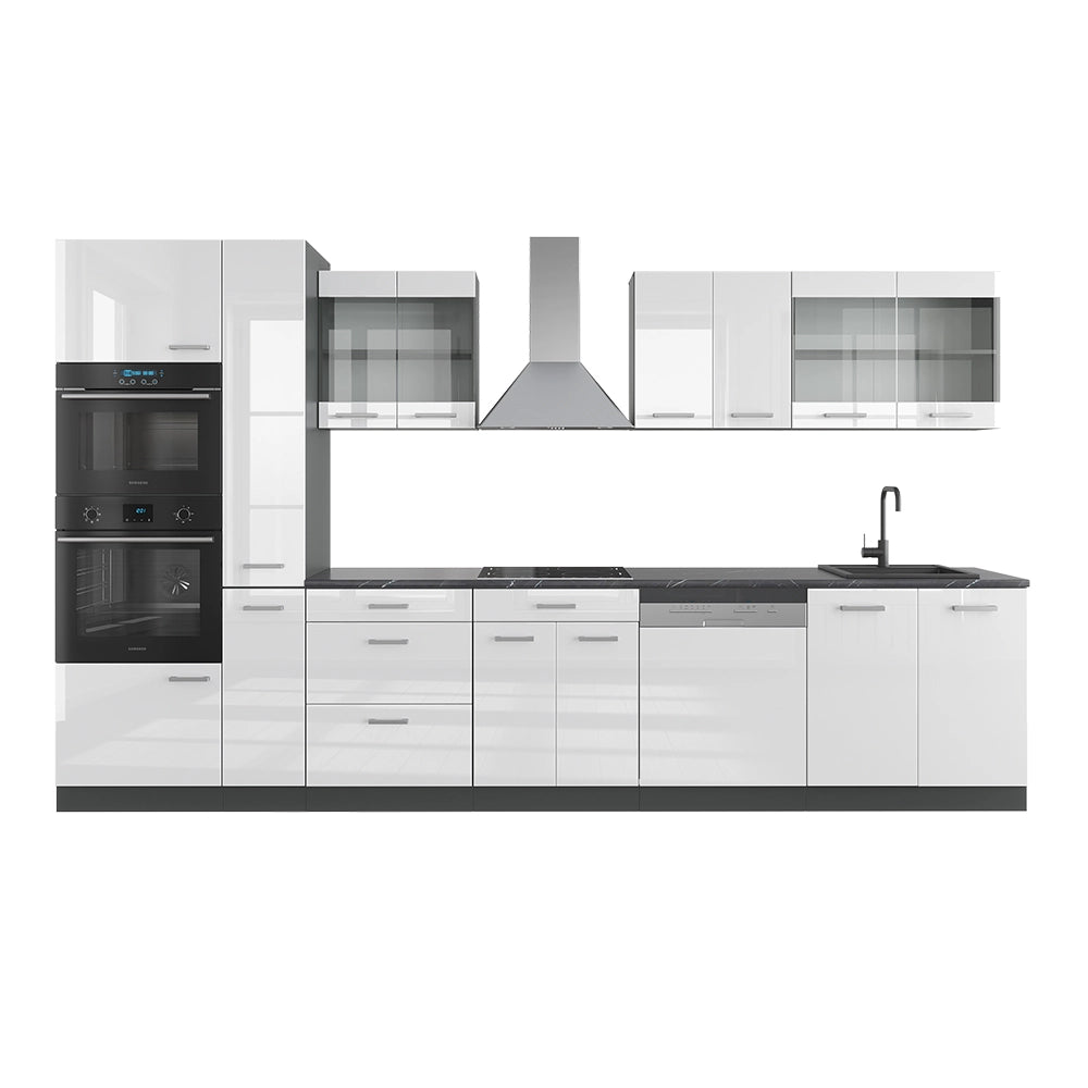 Vicco Cucina  Bianco lucido/antracite 350 cm con armadio alto, senza piano di lavoro