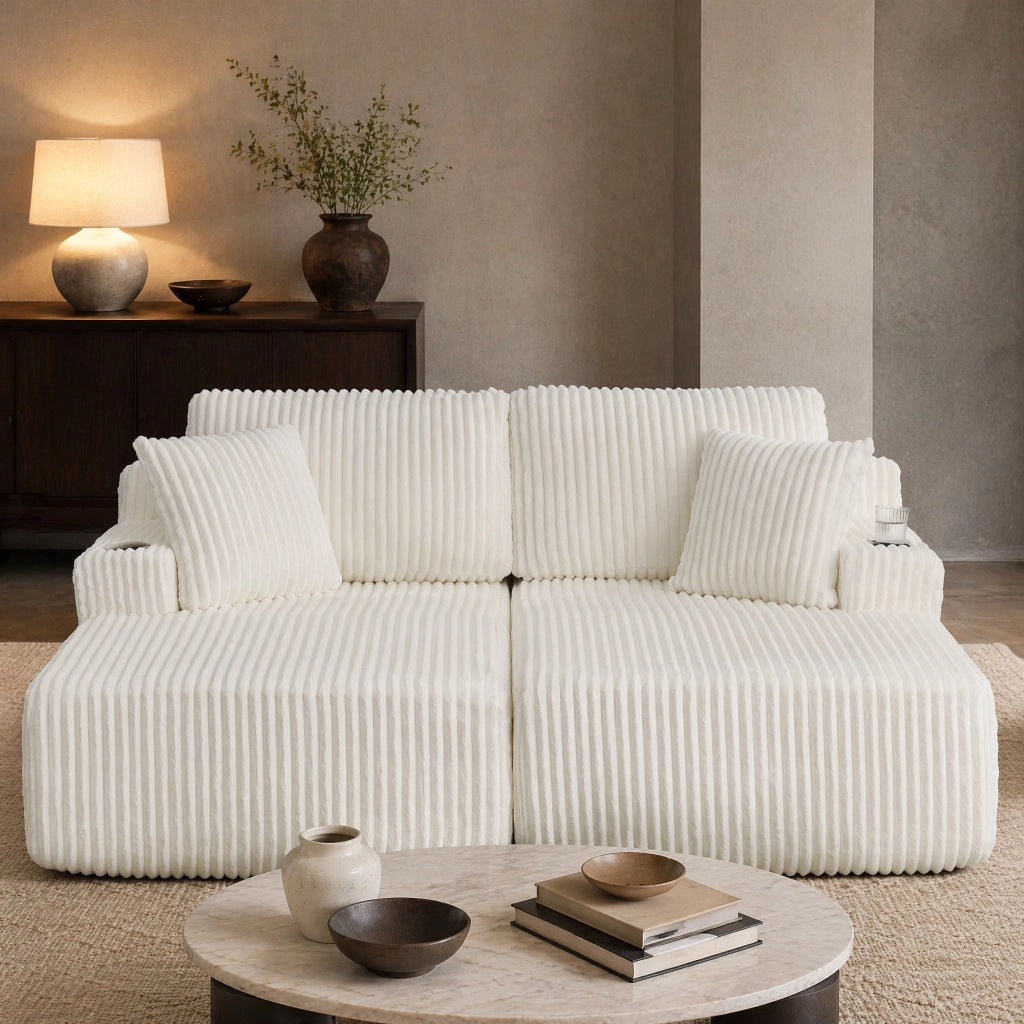 Divano letto 2 posti con tasca laterale e portabicchieri in tessuto a coste, Beige