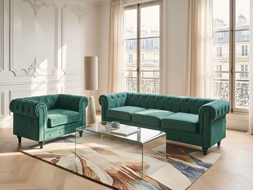 Set da soggiorno Chesterfield rivestimento in tessuto di velluto verde gambe in legno scuro divano a 3 posti + poltrona contemporanea