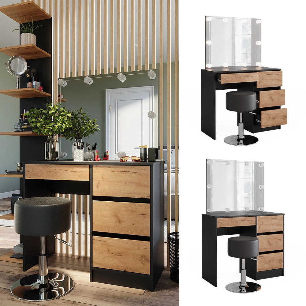 Vicco Tavolo da toilette Antracite/quercia dorata 90 x 75 cm con specchio, illuminazione LED e sgabello