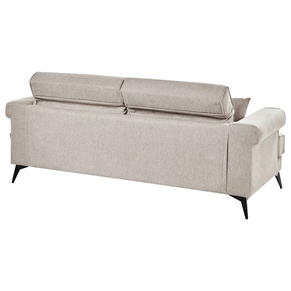 Divano moderno imbottito a 3 posti in tessuto tortora con poggiatesta regolabili stile moderno
