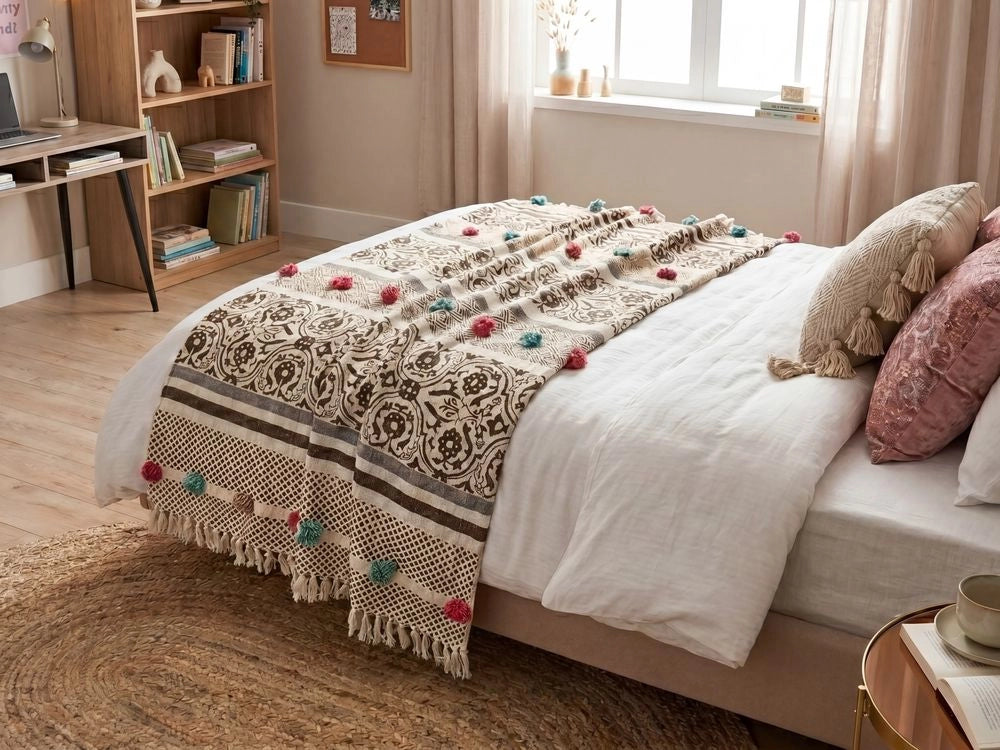 Coperta marrone beige cotone 130 x 180 cm motivo floreale lavorato a maglia pompon pompons soggiorno camera da letto accento pezzo