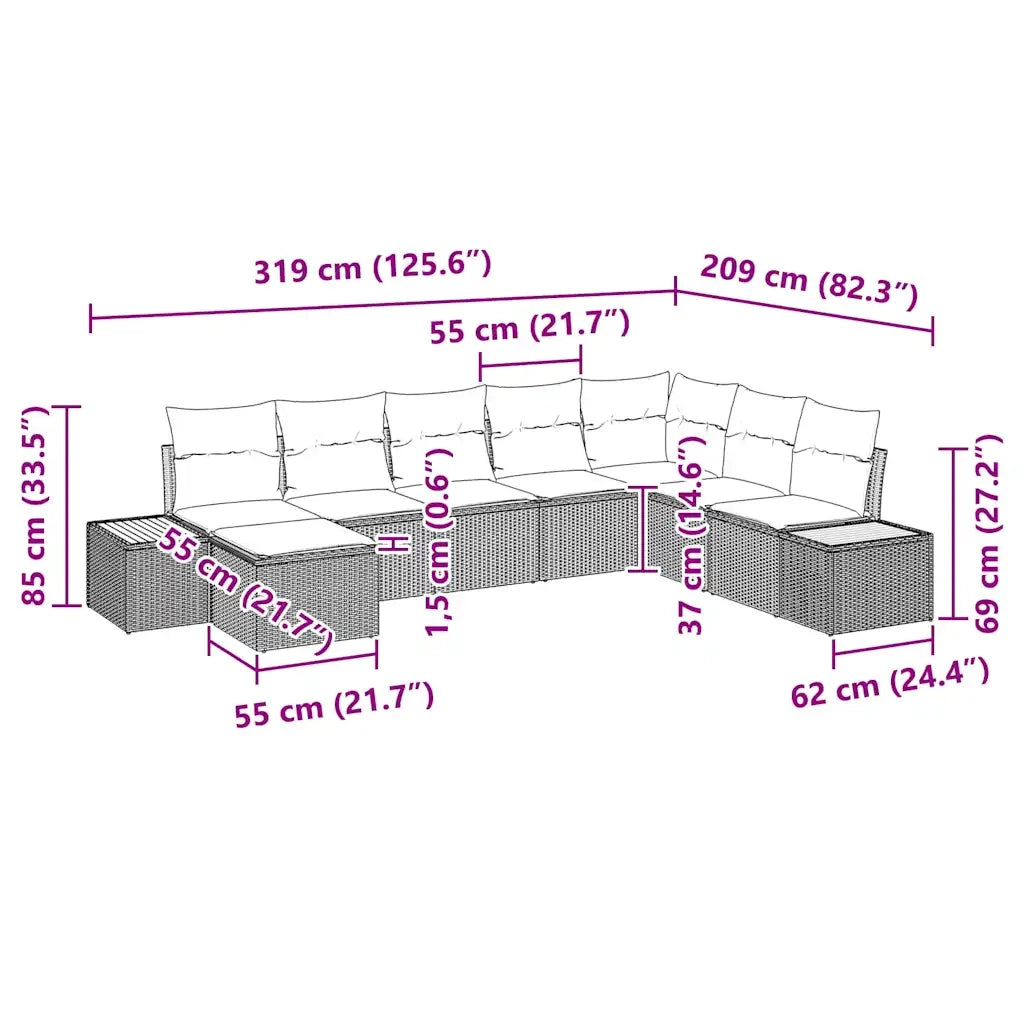 Set Divano da Giardino con cuscino 8 pcs Nero Poly Rattan 3348143