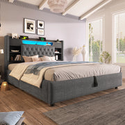 Letto matrimoniale 140x190 cm in tessuto effetto lino grigio con contenitore; LED e porte USB