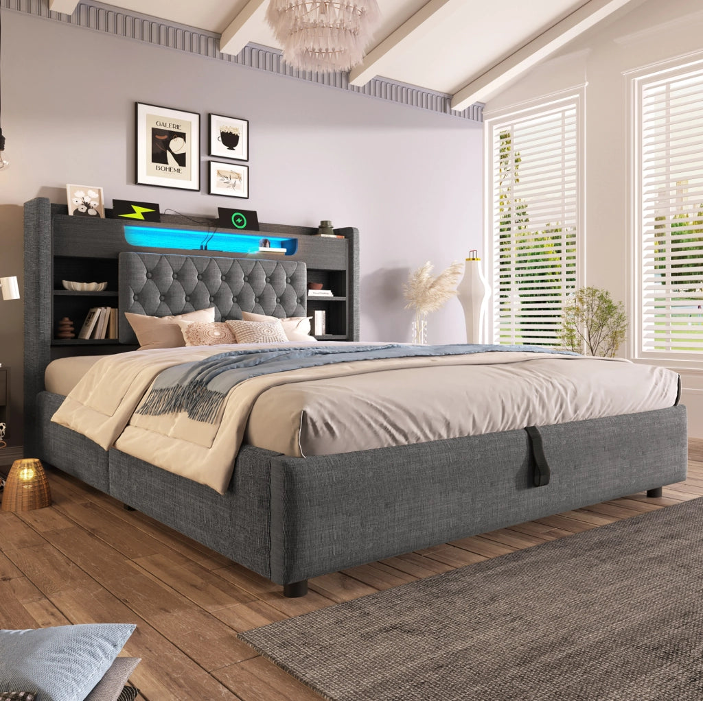 Letto matrimoniale 140x190 cm in tessuto effetto lino grigio con contenitore; LED e porte USB
