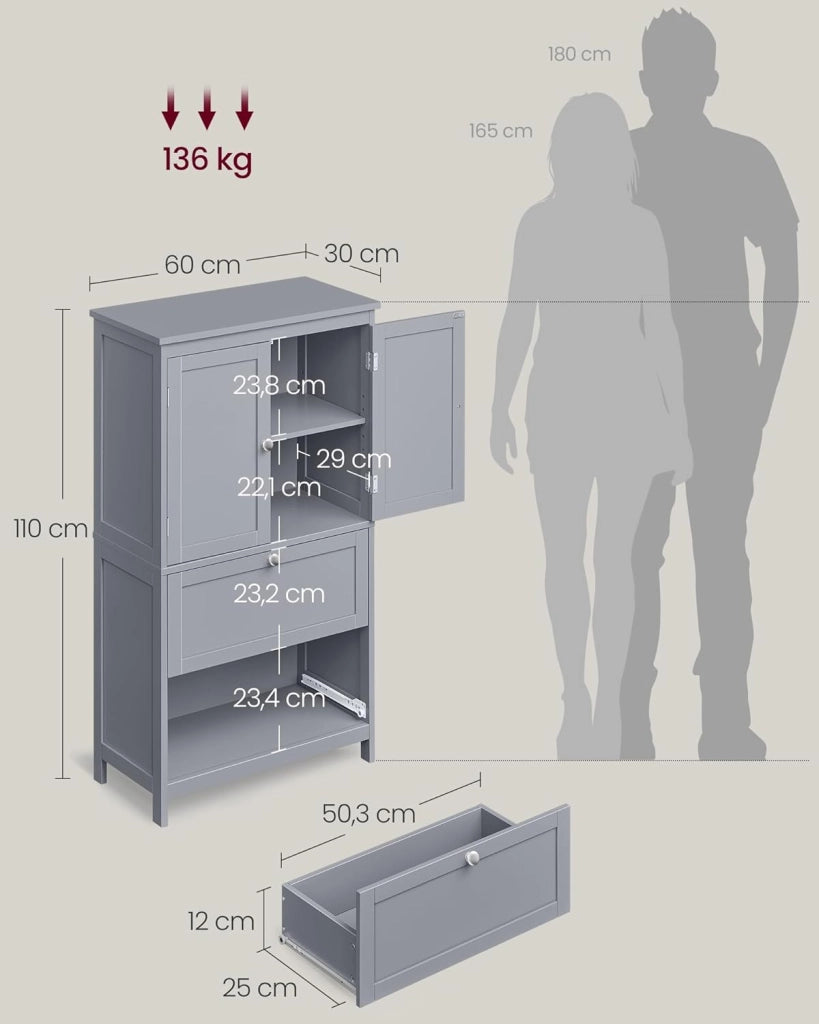 VASAGLE Mobile da Bagno, Mobiletto da Bagno, Credenza da Cucina, Armadietto con 2 Cassetti e 2 Ante, Ripiano Regolabile, 30 x 60 x 110 cm, Grigio Tortora BBC551G02
