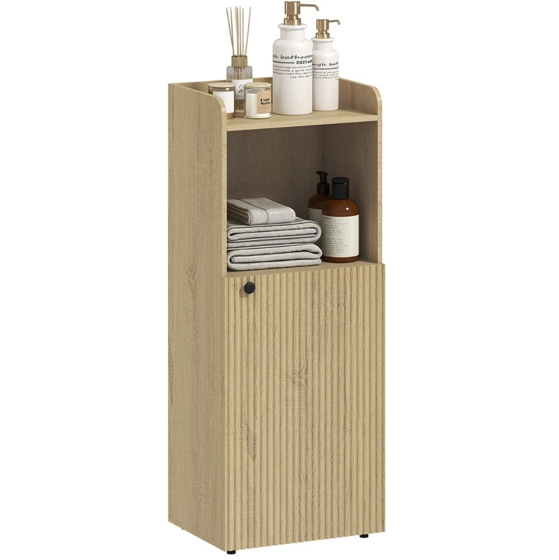Mobile bagno salvaspazio con anta e ripiani, rovere