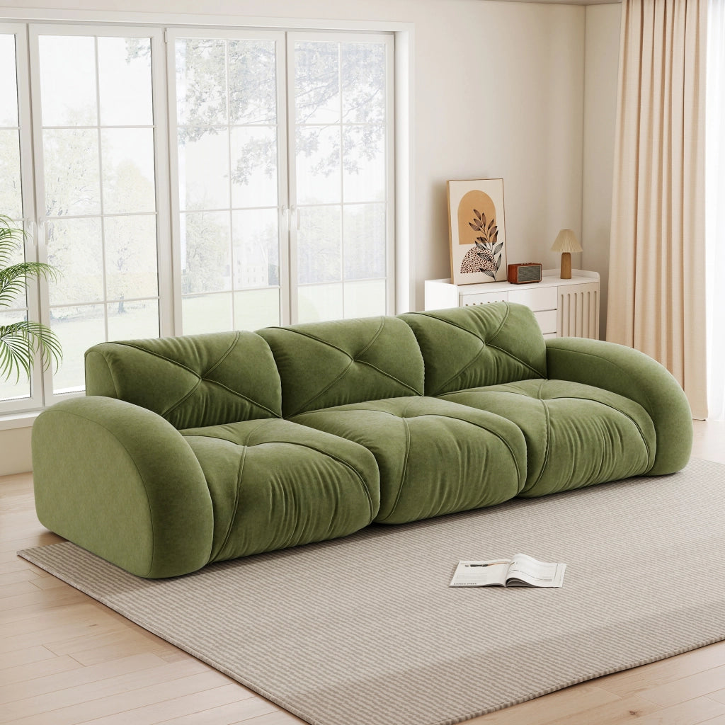 Divano modulare senza struttura con seduta morbida e design antiscivolo per soggiorno a tre posti in chenille verde