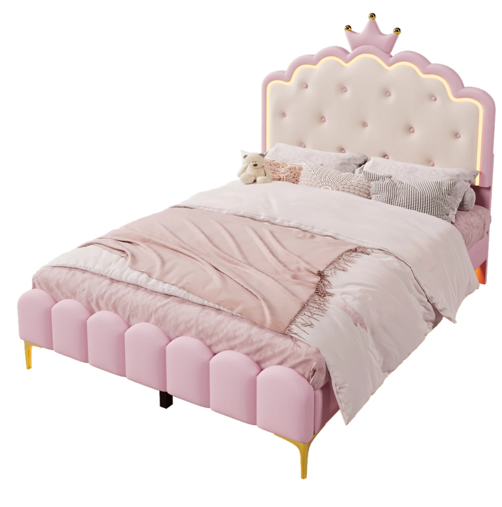 Letto imbottito principessa 140x200 cm rosa con LED