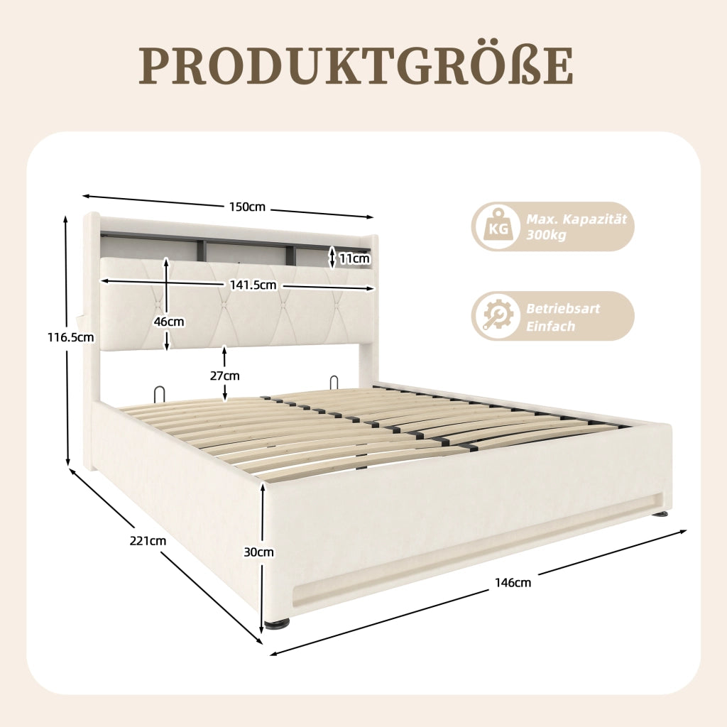 OKWISH Letto Contenitore 140×200 cm, Letto Matrimoniale con LED, USB, Type-C, Mensole e Testiera Ribaltabile, senza Materasso, Velluto Beige