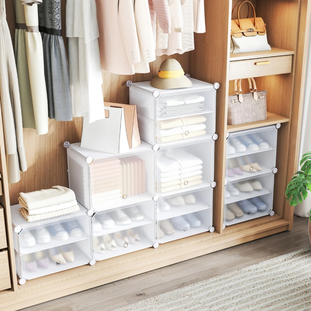 Scarpiera a 8 ripiani per 48 scarpe per ingresso per stivali e tacchi-Armadio 12 cubi in plastica con ganci laterali Bianco