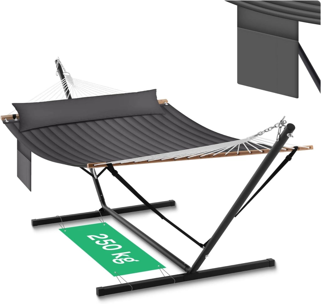 Amaca da Giardino con Supporto, Tasca Laterale e Cuscino, Capacità di Carico 250 kg, Ampia Amaca Doppia per Terrazza, Balcone, Campeggio, Antracite