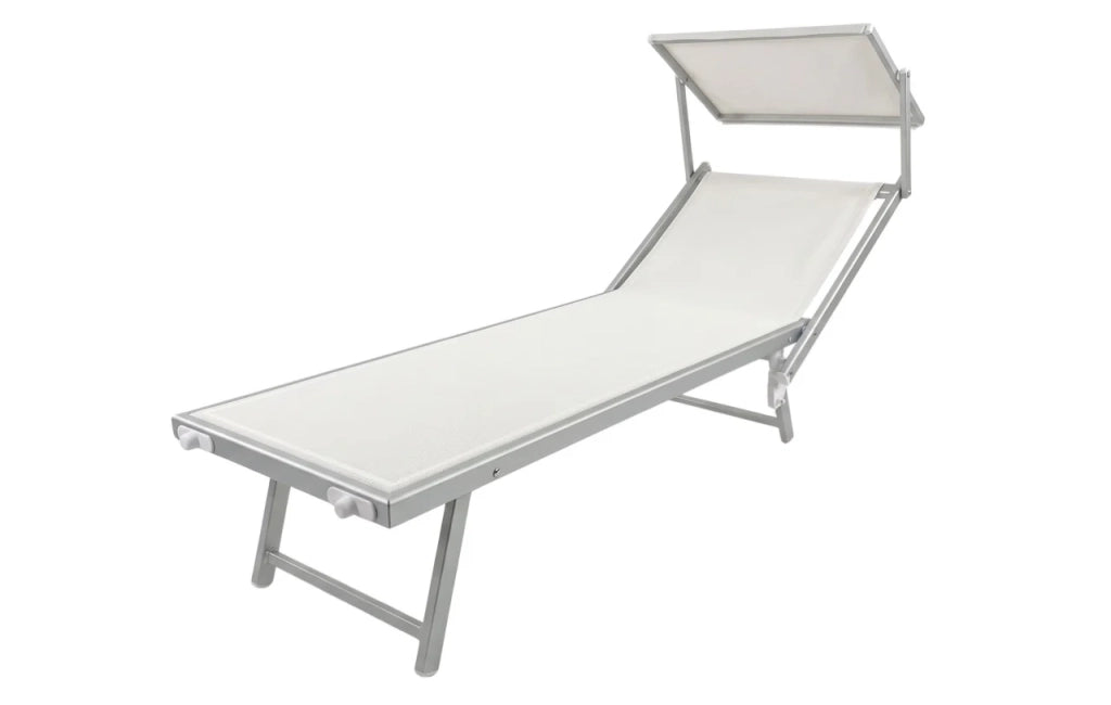 Lettino Prendisole Pieghevole crema Sdraio Alluminio con Parasole Regolabile Mare Giardino Piscina Tessuto Traspirante
