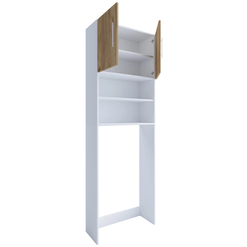 Colonna Lavanderia Coprilavatrice con Ripiani In Legno Colore Bianco e Noce H190 × L64 × P25 cm Soluzione Salvaspazio per Bagno