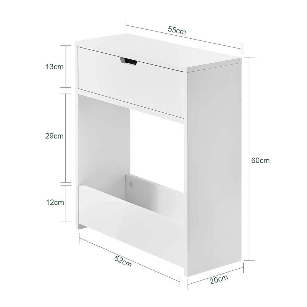 Mobiletto da bagno Portaoggetti Bagno Portarotolo e Portascopino Mobiletto salvaspazio con 1 ripiano aperto e 1 cassettiera, 55x20x60cm BZR48-W