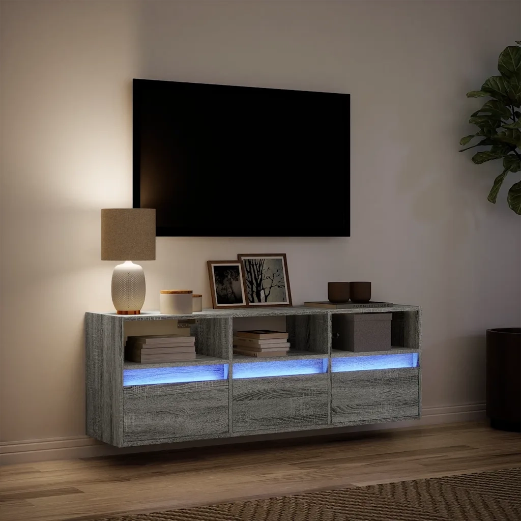 Mobile TV a Parete con Luci LED Grigio Sonoma 130x31x45 cm 852346