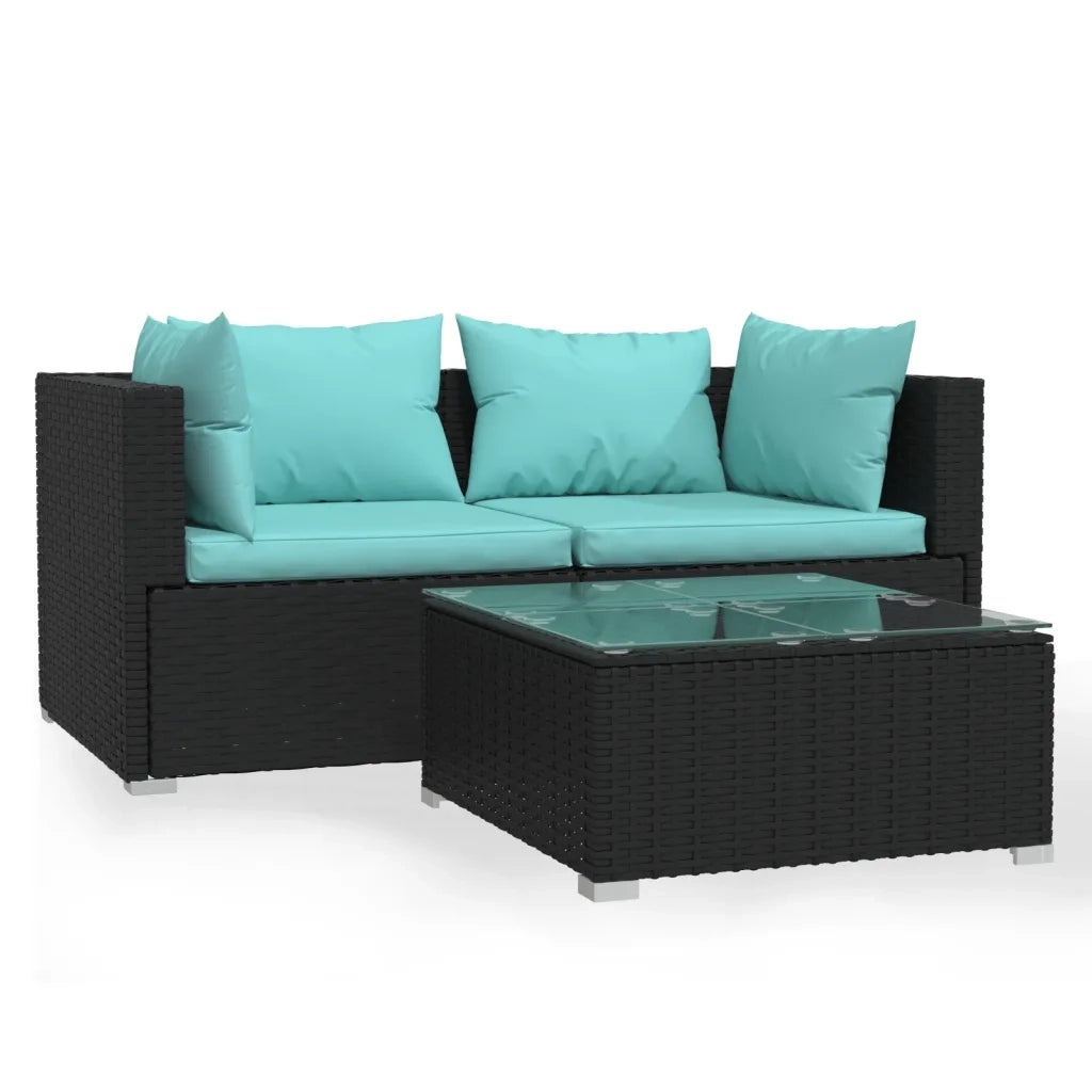 Set Divani da Giardino 3 pz con Cuscini in Polyrattan Nero 317532