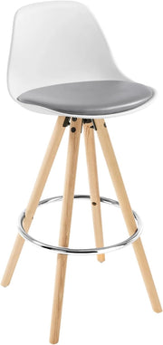 Sgabello da Bar Sedia Cucina in PU Gambe Legno Schienale di Plastica, Grigio-Bianco