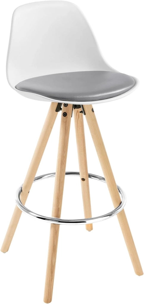 Sgabello da Bar Sedia Cucina in PU Gambe Legno Schienale di Plastica, Grigio-Bianco
