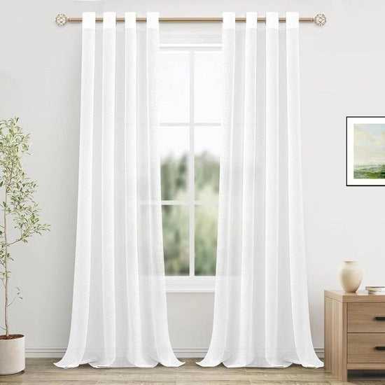 Veli da Parete in Lino con Anelli – Set da 2 – Bianco – 245x140 cm – Corti, Leggermente Trasparenti per Salotto