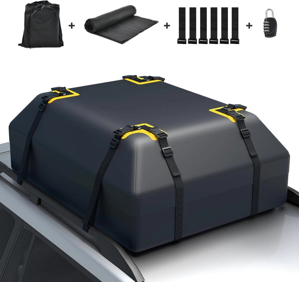 Borsa da Tetto per Auto Impermeabile 15Cu.Ft/425L, Box Tetto Universale con Tappetino Antiscivolo+ 12 Cinghie+ 6 Ganci, Sacca per Auto con/senza Barre Portapacchi(Nero)