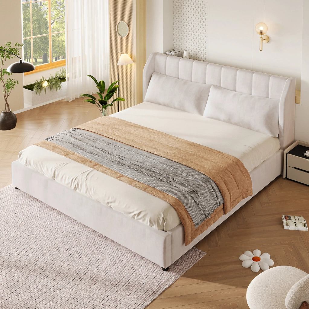 Letto imbottito 180x200 cm con testiera trapuntata; velluto; beige