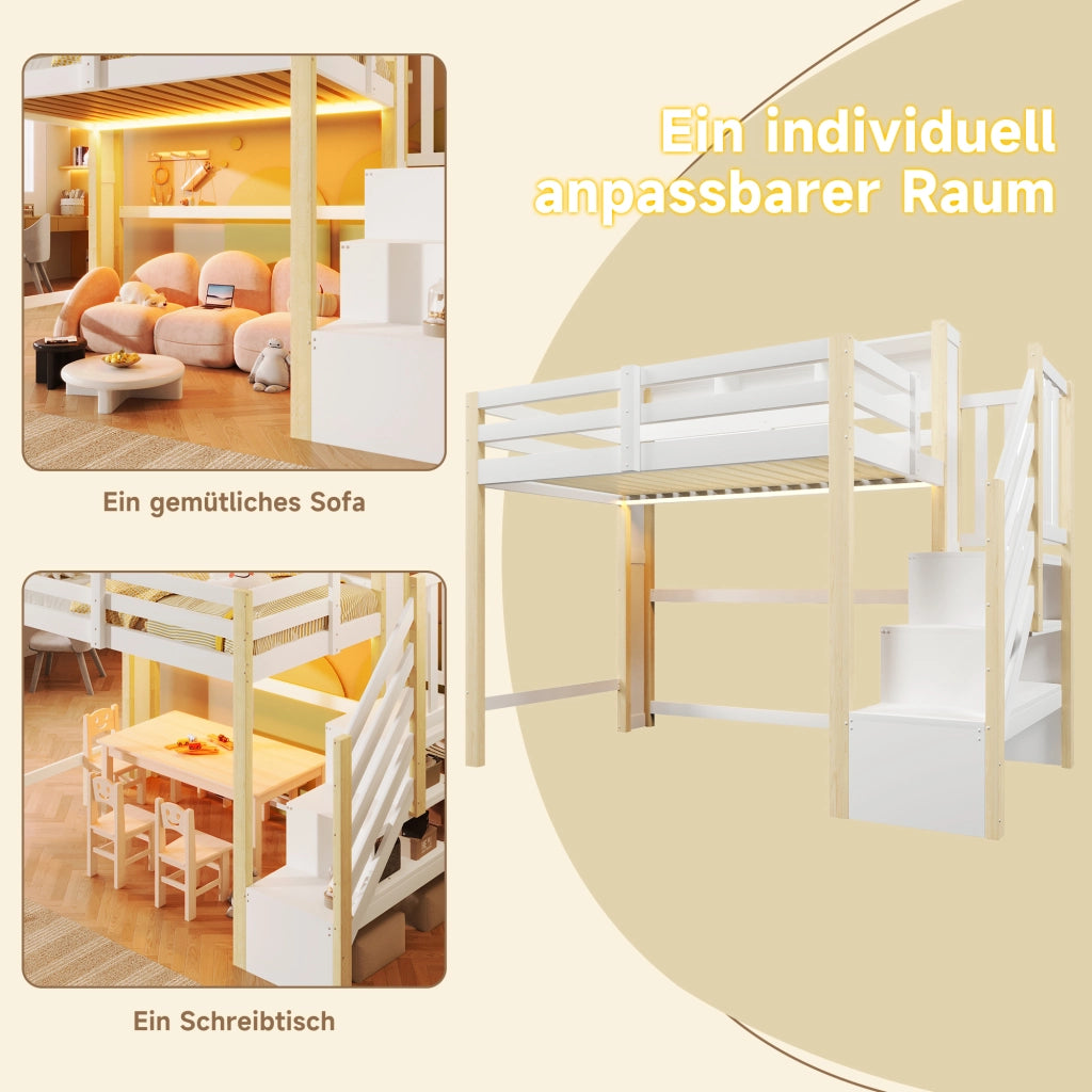 Letto alto 90x200 cm con illuminazione a LED e scaletta contenitore in pino bianco