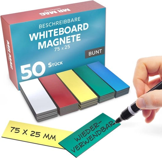 50 Strisce Magnetiche Colorate per Whiteboard - 75x25mm - Etichette Magnetiche Descrivibili - Tavole Magnetiche Descrivibili