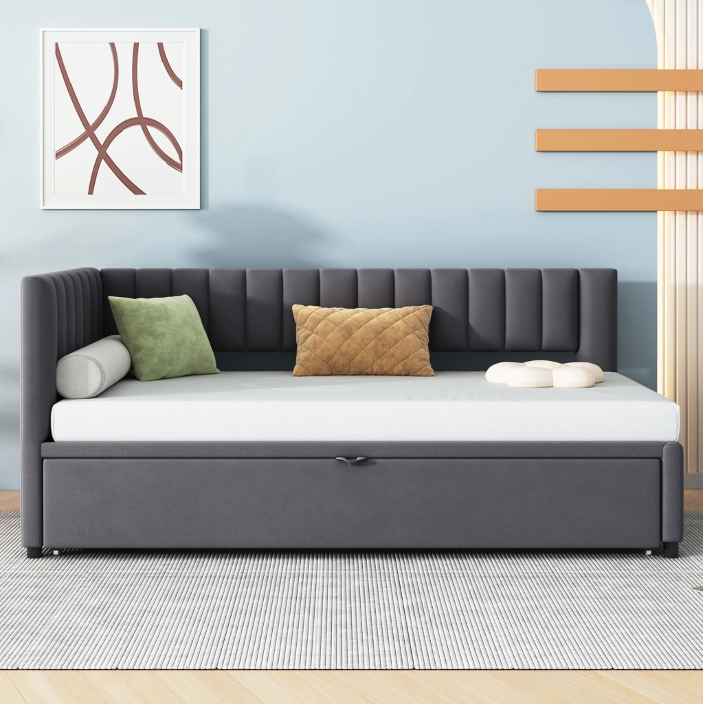 Divano letto angolare multifunzione 90x200 cm con letto estraibile; in velluto grigio