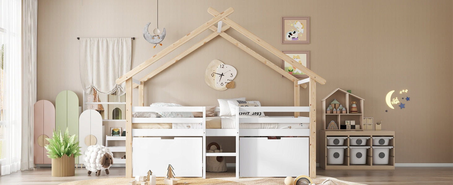 Letto a castello per bambini - Xylo - 90x200 - Con tetto, scaletta e cassetti