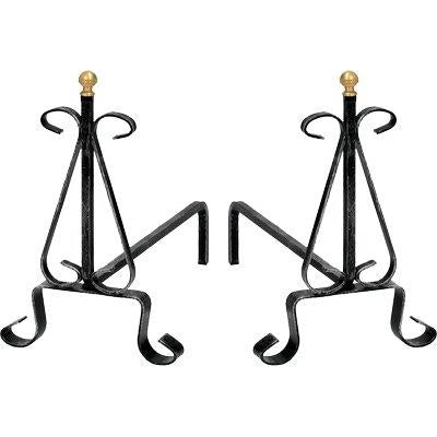 Alari per camino in ferro battuto con pomi in ottone set 2 pezzi dimensioni 33 x 30 cm
