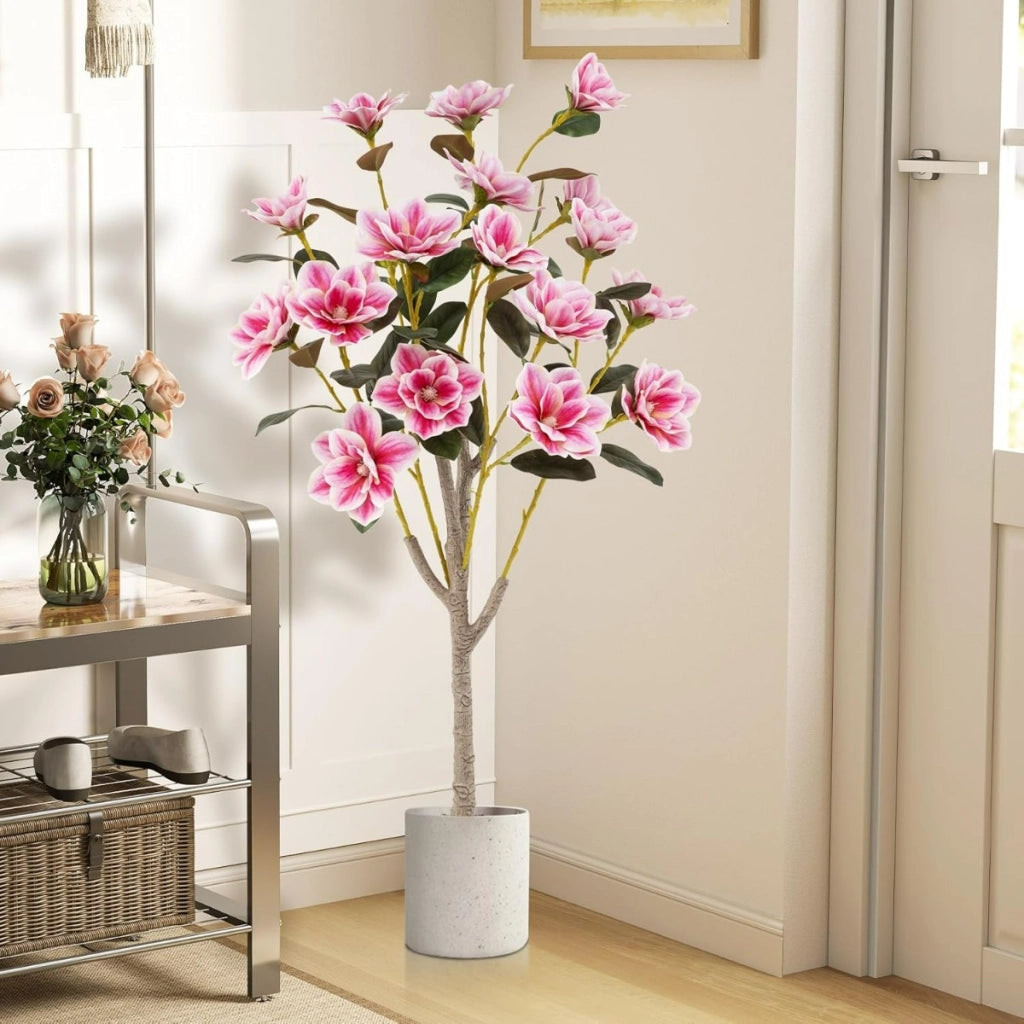 Albero di magnolia artificiale per interni per matrimonio e ristorante, Pianta finta da 130 cm con foglie in PEVA