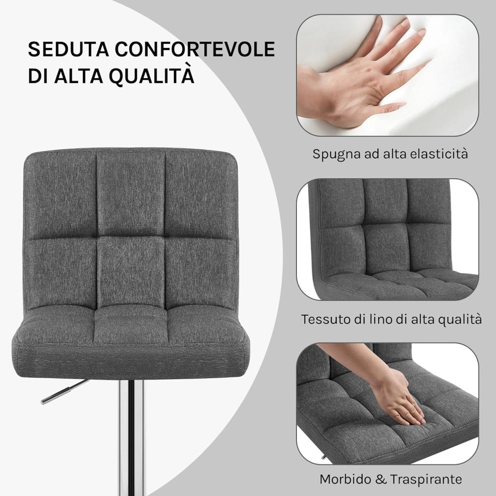 Sgabelli da Bar Tessuto di Lino Sedia Cucina Alta con Schienale Senza Braccioli Girevole, Grigio Scuro, BH32dgr-4